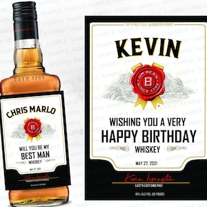 May include: A black and white printable label for a bottle of whiskey. The label features the text "Kevin" in large bold letters, a Jim Beam logo, and the message "Wishing you a very Happy Birthday Whiskey". The label also includes the date "May 27, 2021" and the text "Let's get drunk! 40% Alc/Vol (80 Proof)".