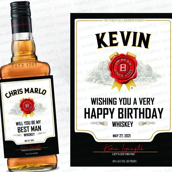 Jim Beam Bourbon Custom Whiskey Label, Whiskey Label, Cognac Label, Birthday Gift Idea for him, Party Favours, Groomsman Whiskey, Husband