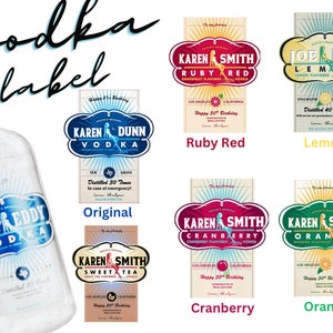 May include: A set of six different vodka labels with various flavors, including Ruby Red, Lemon, Original, Sweet Tea, Cranberry, and Orange. Each label features a vintage-inspired design with a woman in a swimsuit and the name of the flavor.