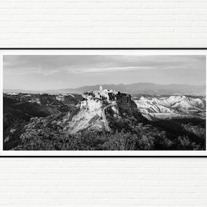 Black and White Italy Travel Photography Print | Panoramic Wall Art of Italy Mountains Landscape & Small Hilltop Italian Town Panorama Photo