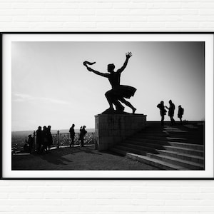 Black and White Street Photography Print of Budapest | Hungary Travel Prints | Urban City Scene Wall Art A4 A3 A2 Unframed | Freedom Statue
