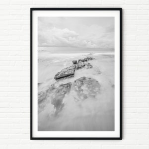 Black and White Seascape Print | Minimalist Wall Art | Fine Art Photography Framed Ocean Photo of Minimal Long Exposure Coastal Beach Scene
