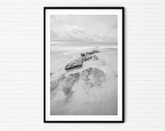 Black and White Seascape Print | Minimalist Wall Art | Fine Art Photography Framed Ocean Photo of Minimal Long Exposure Coastal Beach Scene