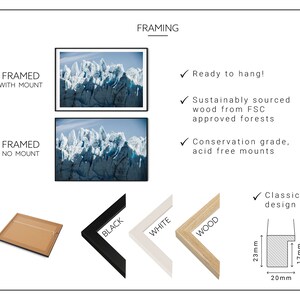 May include: A framed print of a mountain landscape with a white and blue color scheme. The frame is available in black, white, or wood. The frame is 20 mm wide, 17 mm tall, and 23 mm deep. The print is ready to hang and comes with a conservation grade, acid free mount.