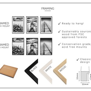 May include: A display of framed art prints in black and white, showcasing various landscape scenes. The image highlights framing options with and without mounts, and frame styles in black, white, and wood. Text indicates the frames are ready to hang and sustainably sourced.
