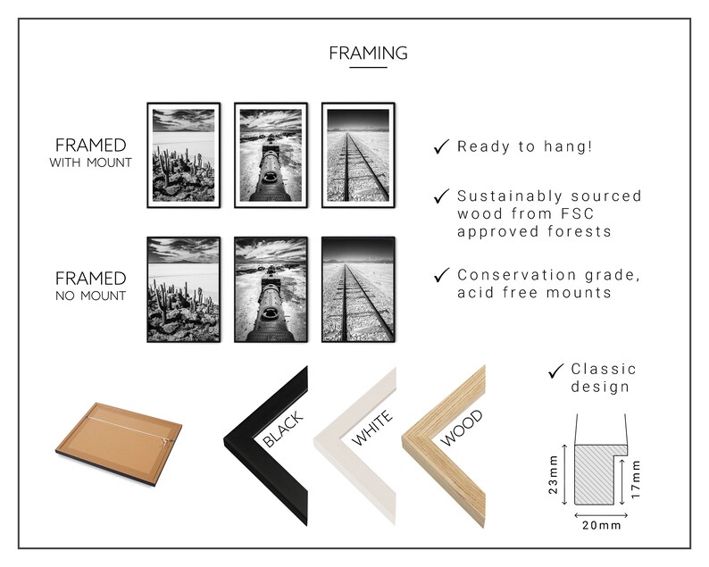 May include: A display of framed art prints in black and white, showcasing various landscape scenes. The image highlights framing options with and without mounts, and frame styles in black, white, and wood. Text indicates the frames are ready to hang and sustainably sourced.