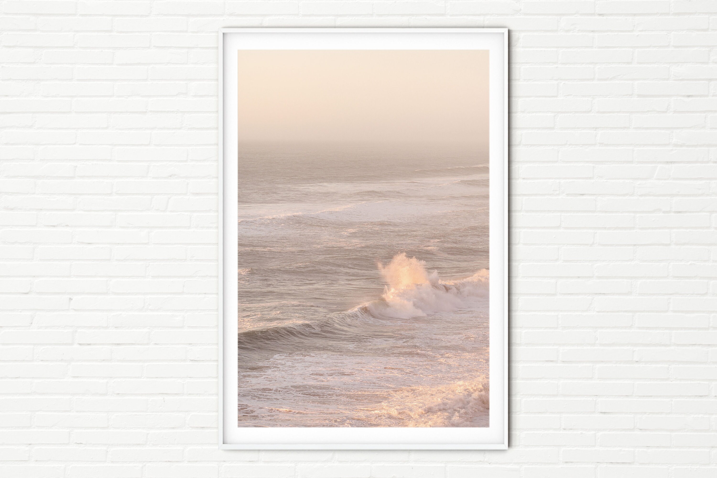 Framed Minimalist Ocean Waves Photography Print | Coastal Scenery Sea & Wave Breaking Photo | Pink Orange Sunset Minimal Bathroom Wall Art