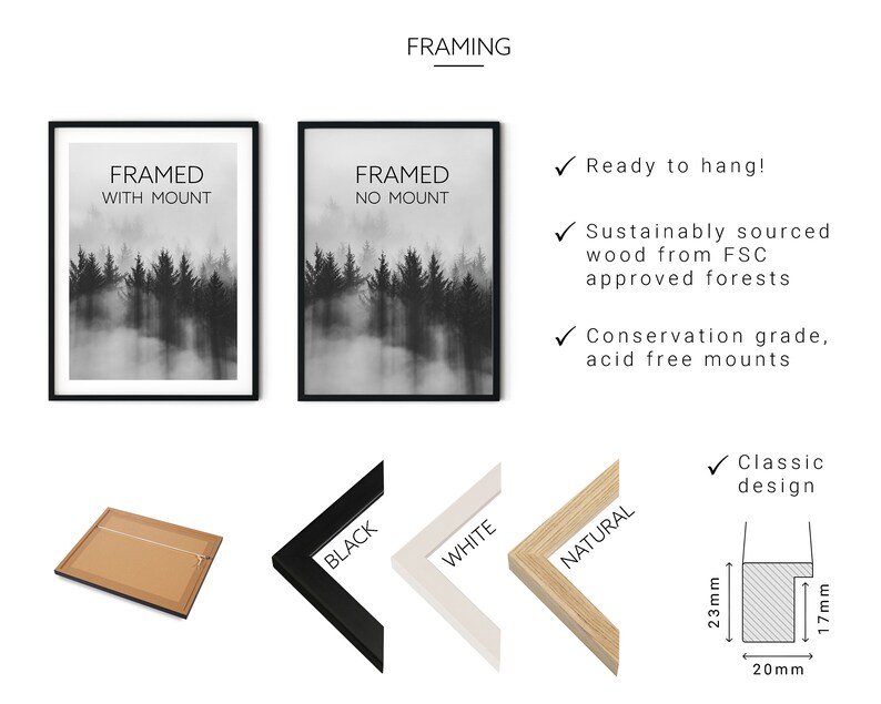 Snowy Winter Landscape Nature Photography Print Set of 3 Piece Minimalist Scandinavian Wall Art Framed Photo Bedroom Living Room Wall Decor