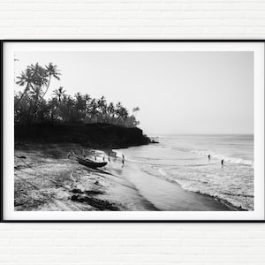 Framed India Photography Travel Print | Black and White Beach Photo | Fine Art Asia Pictures | Coastal Fishing Wall Art | Gift for Fisherman