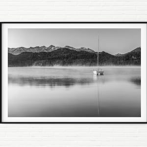 Black and White Sailing Boat Framed Print | Nautical Photography Wall Art for Living Room | Lake Mountain Reflections Landscape Photo A2 A1