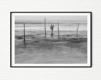 Black and White Sri Lanka Travel Photography Print | Minimalist Fine Art Photo Print of Stilt Fishermen | Minimal Wall Art Gift for Traveler