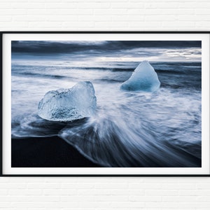 Framed Iceland Print of Black Sand Beach Landscape Photography | Jokulsarlon Photos of Icebergs in Waves | Unframed Original Artwork A3 A4