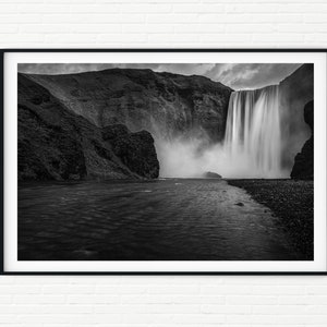 Skogafoss Waterfall Photo Print | Black and White Iceland Prints | Icelandic Landscape Photography South Iceland Photos Wall Art Sizes A4 A3