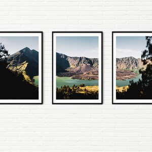 Framed Indonesia Travel Print Set of 3 Volcano Photos A3 | Mount Rinjani Lombok Large Three Piece Wall Art for Bedroom of Volcanic Landscape