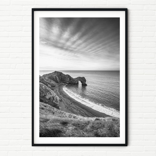 Durdle Door Photo Print | Black and White UK Landscape Photography | Dorset Dramatic Seascape Coastal Ocean Prints | Jurassic Coast, England