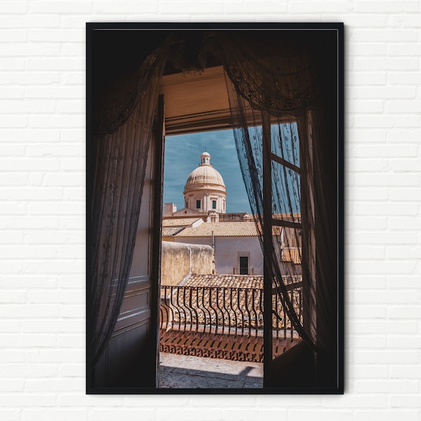 Framed Cathedral Dome Window View Photo A3 | Italy Photography Travel Print | Noto Sicily Curtains | Italian Architecture Bedroom Wall Decor