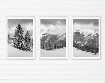 Schwarz-Weiße Alpen Berge Fotografie A4 Drucke | 3er Set Winter Landschaftsfotos schneebedeckter Alpen Berg in Frankreich Wandkunst A3