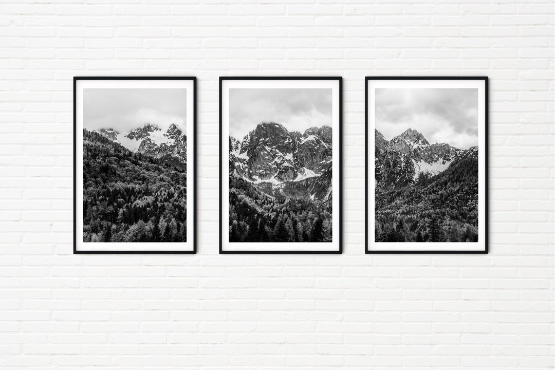 Black and White Mountain Print Set of 3 Photo Prints of the Alps ...