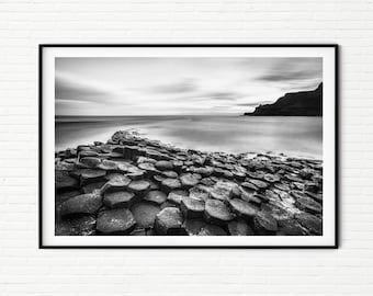 Fine Art Black and White Minimalist UK Landscape Print A4 | Giants Causeway Northern Ireland Photo | Minimal Seascape | Kitchen Wall Decor