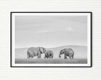 Black and White Elephant Photography Print | Extra Large Wall Art of African Wildlife in Kenya | Animal Photo Prints for Nursery A4 A3 A2 A1