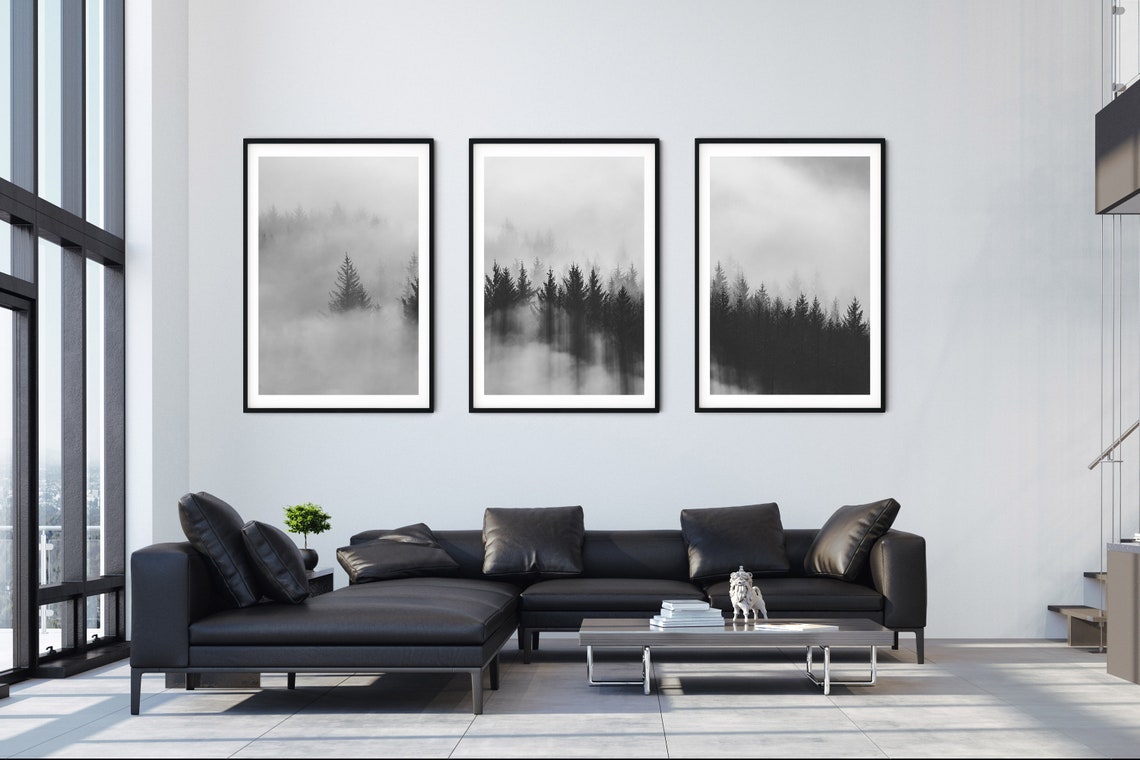 Black and White Misty Forest Nature Prints Framed Set of 3 - Etsy