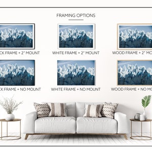 May include: A mockup of a framed photograph of a mountain range with a blue sky. The image is shown in six different framing options: black frame with a 2-inch mount, black frame with no mount, white frame with a 2-inch mount, white frame with no mount, wood frame with a 2-inch mount, and wood frame with no mount.