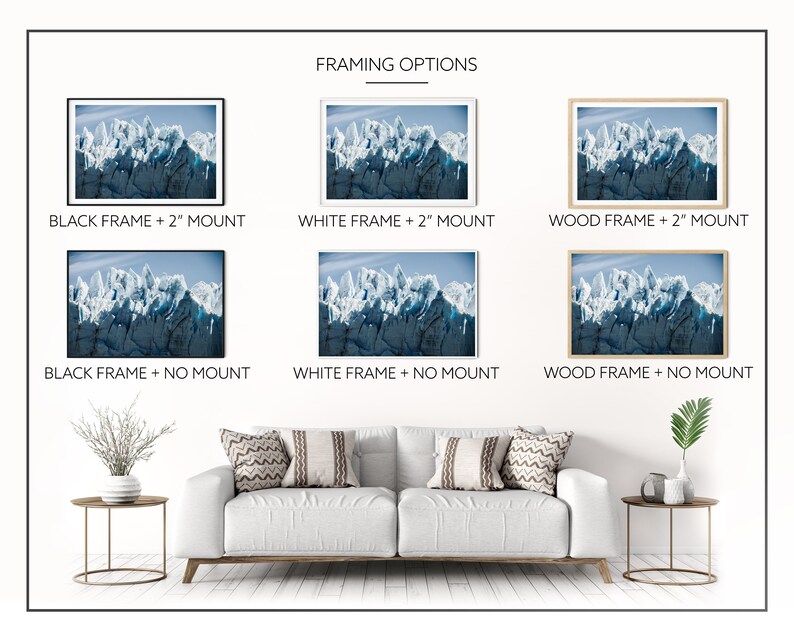 May include: A mockup of a framed photograph of a mountain range with a blue sky. The image is shown in six different framing options: black frame with a 2-inch mount, black frame with no mount, white frame with a 2-inch mount, white frame with no mount, wood frame with a 2-inch mount, and wood frame with no mount.