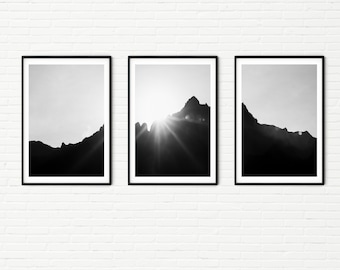 Black and White Set of 3 Nature Photo Prints | Mountains Scenery | Set of Three Landscape Photos | Minimalist Scandinavian Wall Art A4 A3 A2