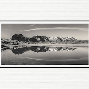 Black and White Panoramic Mountain Landscape Photo Wall Art | Minimalist Panorama Print of Argentina Andes Mountains Reflections in Lake