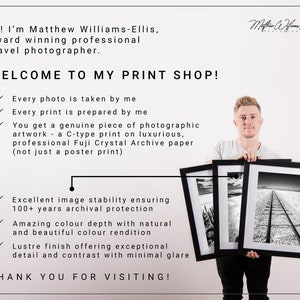 May include: A man holding three framed black and white photographs. The text reads "WELCOME TO MY PRINT SHOP!" and lists features like archival protection and color depth. The photographer's name is Matthew Williams-Ellis.