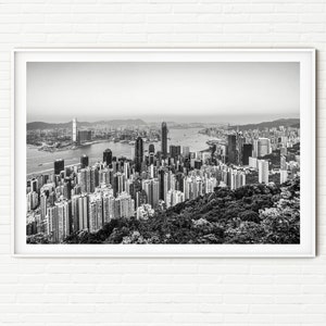 Hong Kong Skyline Photography Print | City View from Victoria Peak Photos | Black and White Cityscape Wall Art Modern Apartment Decor XL