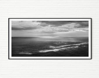 Black and White Panoramic Ocean Photography Print | Dramatic Dark Seascape Photo of Sea Water & Waves Panorama | Framed Coastal Wall Art
