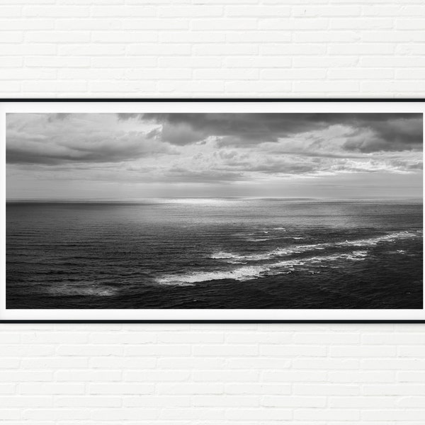 Black and White Panoramic Ocean Photography Print | Dramatic Dark Seascape Photo of Sea Water & Waves Panorama | Framed Coastal Wall Art