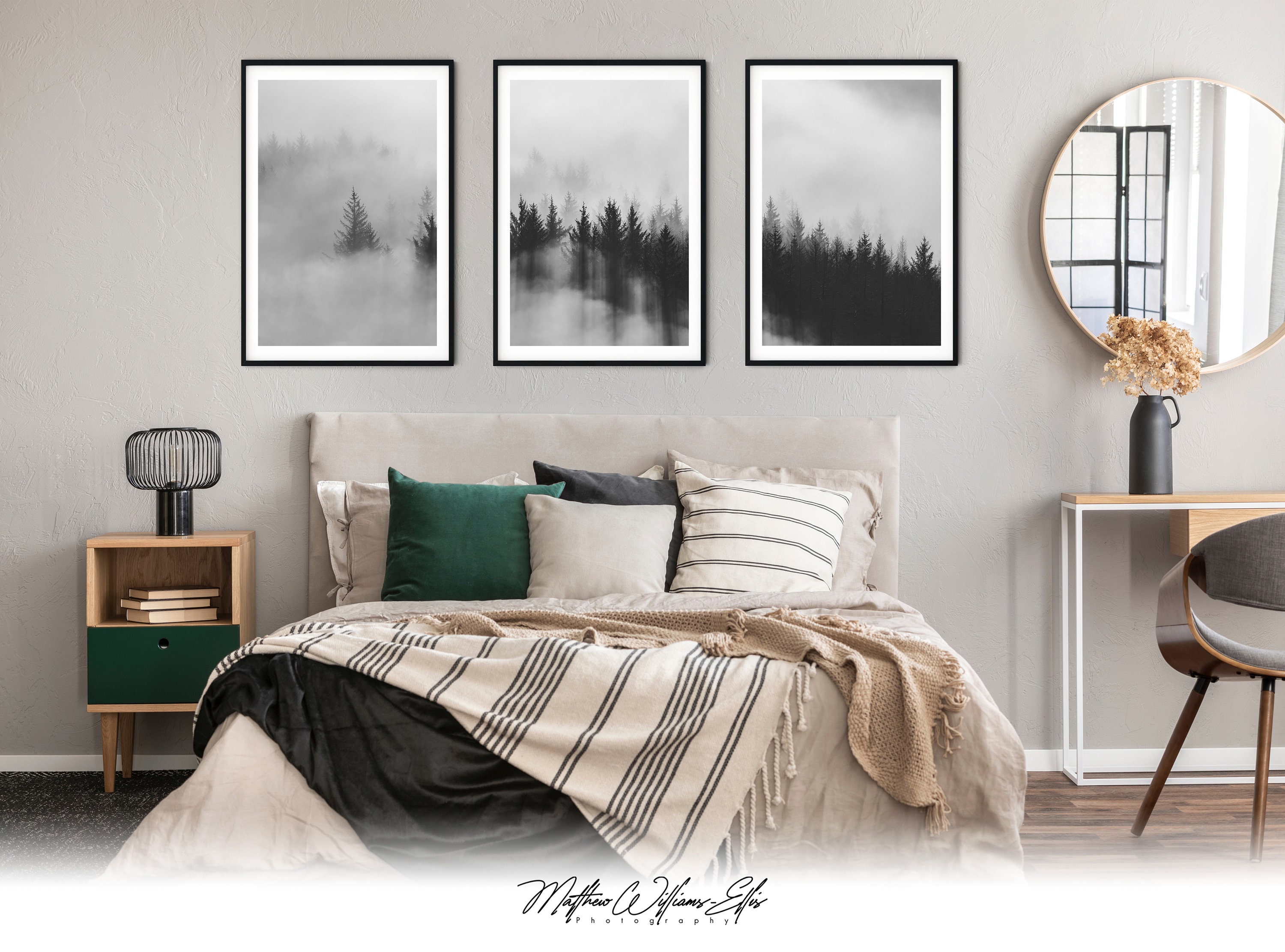 Black and White Misty Forest Nature Prints Framed Set of 3 | Etsy