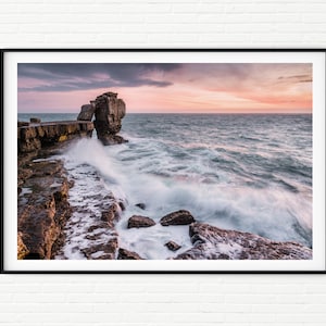 England Portland Bill Pulpit Rock UK Küstenlandschaft Fotografie Druck | Sonnenuntergang Küste Foto von Ozean Wellen Crashing auf Felsen | Dorset Geschenk