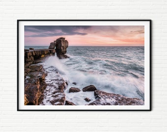 England Portland Bill Pulpit Rock UK Coastal Landscape Photography Print | Sunset Coast Photo of Ocean Waves Crashing on Rocks | Dorset Gift