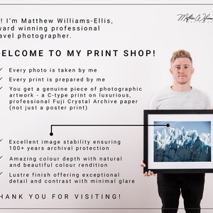 May include: A man holding a framed photograph of a glacier. The text on the image reads "Welcome to my print shop!" and lists the benefits of purchasing prints from this photographer, including archival quality, professional paper, and exceptional detail.