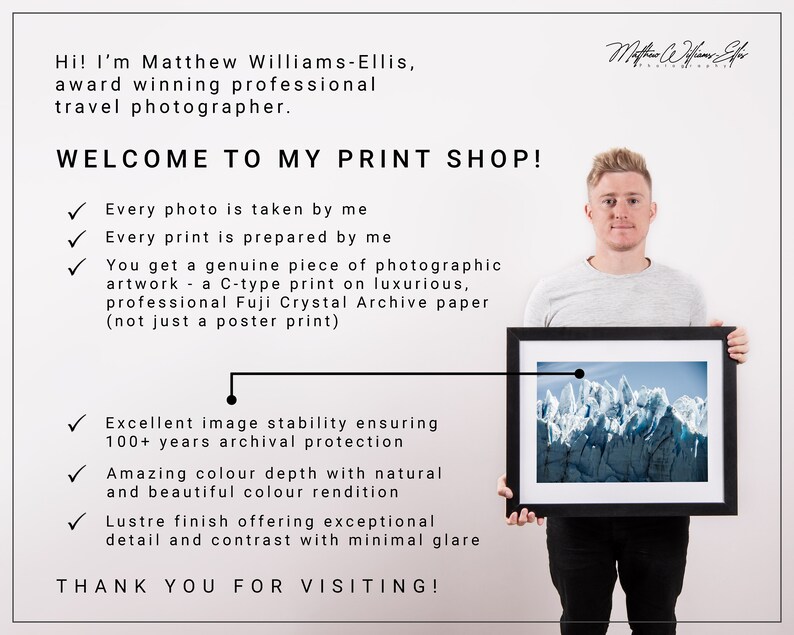 May include: A man holding a framed photograph of a glacier. The text on the image reads "Welcome to my print shop!" and lists the benefits of purchasing prints from this photographer, including archival quality, professional paper, and exceptional detail.