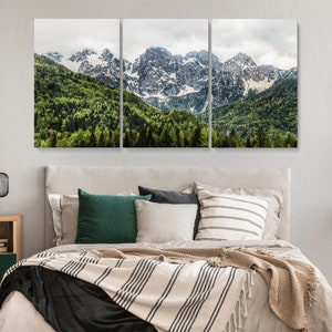 May include: A three-panel canvas print featuring a scenic landscape of snow-capped mountains and lush green forests. The mountains are in the background, with the forest in the foreground. The print is perfect for adding a touch of nature to any room.