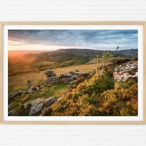 Dartmoor Landscape Photography Print | Bright Orange Beautiful Sunset | Dartmoor National Park Photos | England Scenery Print UK Wall Art