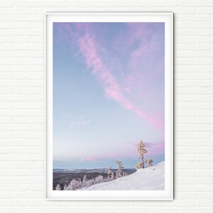 May include: A snowy landscape with a pink and blue sky. A few trees are silhouetted against the horizon.
