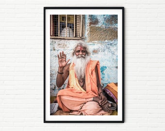 India Travel Print Photo | Spiritual Holy Man Portrait Photography | Religious Pictures Spirituality Wall Art of Hindu Sadhu, Varanasi A4 A3