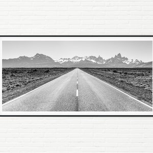 Black and White Travel Photography Panoramic Wall Art | Framed Long Straight Road Panorama Photo Print in Mountains Landscape | Home Decor