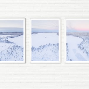 Set of 3 Snowy Winter Prints | Snow Covered Forest, Trees & Frozen Lake Aerial Photo | Christmas Wall Art Landscape Photography Large A4 A3