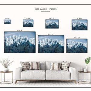 May include: A size guide for wall art prints, showing different sizes of the same image of a glacier. The sizes are 7x5 inches, 12x8 inches, 15x10 inches, 18x12 inches, 24x16 inches, 30x20 inches, and 36x24 inches.