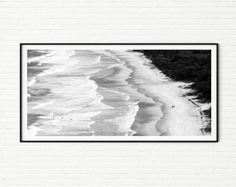 Surfing Photography Print | Black and White Tropical Sandy Beach Photo | Australia Wall Art Panorama | Beach House Decor of Coastal Scenery