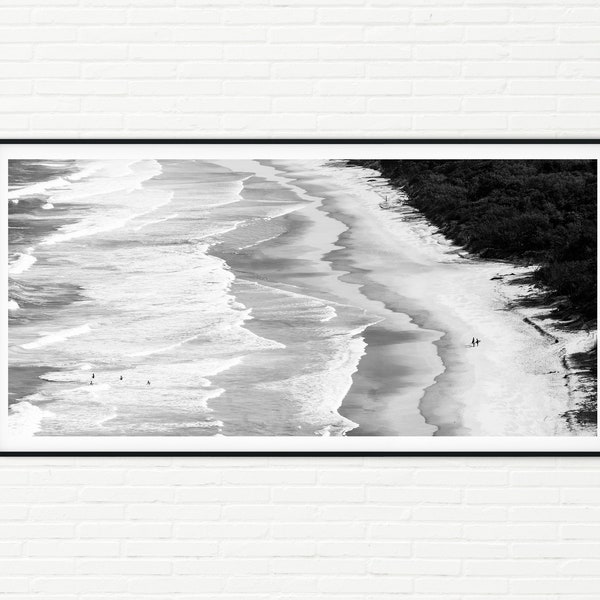 Surfing Photography Print | Black and White Tropical Sandy Beach Photo | Australia Wall Art Panorama | Beach House Decor of Coastal Scenery