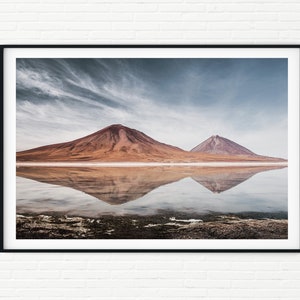 Volcano Photography Print | Volcanoes in Chile Bolivia | Fine Art Landscape Photo Print | Reflections in a Lake Wall Art | Atacama Desert