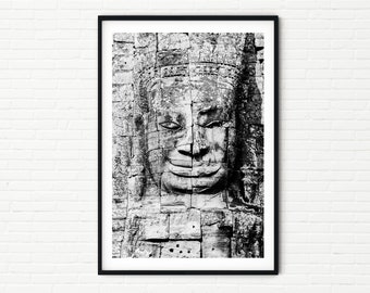 Black and White Angkor Wat Temple Photography A4 Print in Cambodia | Old Ruins at Bayon Face Towers | Buddhism Print | Photo Wall Art A3 A2