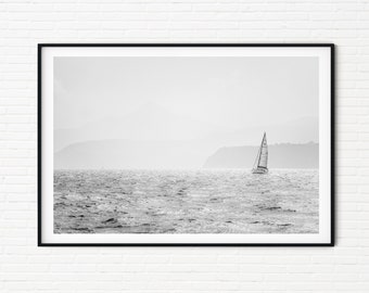 Black and White Sailing Boat Photo Print | Minimalist Nautical Photography Print | Ocean Sailing Gift Ideas | Beach House Decor A3 Wall Art